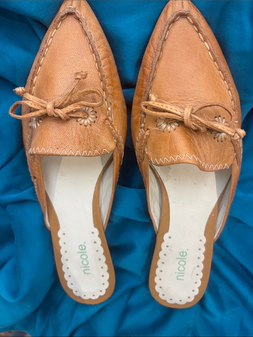 Nicole Tan Leather Pointed-Toe Bow-Trim Slip-On Mules